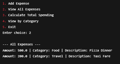 Expense Tracker Output Screenshot 3