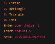 Shape Area Calculator Output Screenshot 1