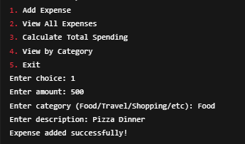 Expense Tracker Output Screenshot 1